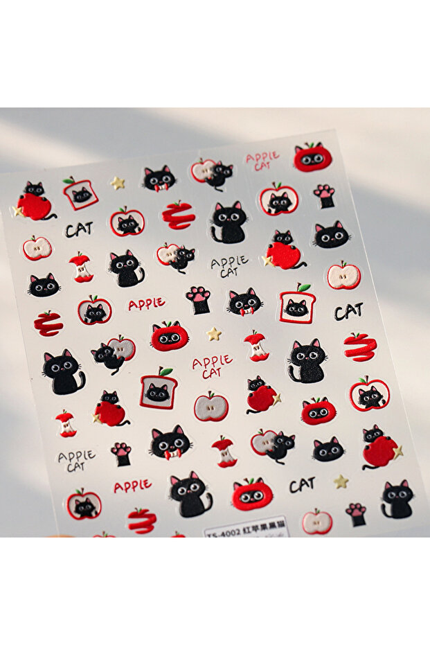 1Pcs 5D Embossed red black cat nail sticker cute cartoon cat pattern nail art sticker self...