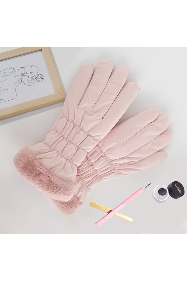One Size pink Women Winter Fleece Thickened Warm Plush Cotton Waterproof Touch-Screen Gloves For Out
