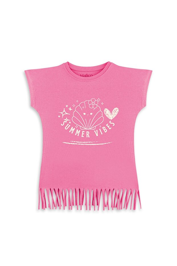 Girl's 100% Cotton Sea Shell Printed T-Shirt with Tassels