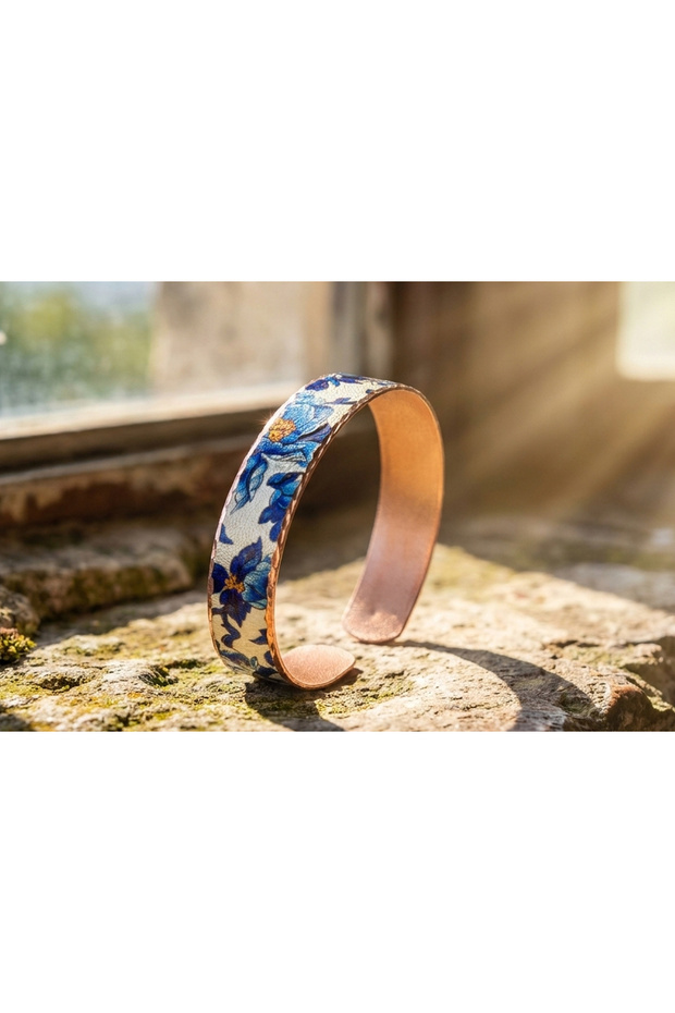 Copper Blue Floral Pattern Adjustable Cuff Bracelet | New Series