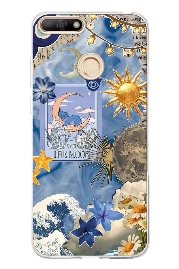 Huawei Y6 2018 Compatible Moon Sun Vintage Sky Pattern Transparent Phone Case