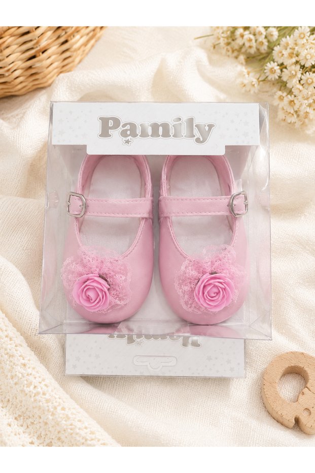 (18 No 0-6 Months)(19 No 06-12 Months) Baby Girl Patent Leather Ballerina Shoes with Pink Rose Accessories, Soft Sole Evening Dress Shoes