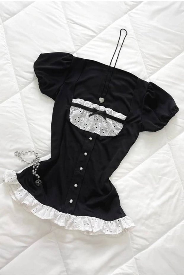 Black Coquette Bridge Detailed Ruffled Lace Y2K Short Sleeve Crop