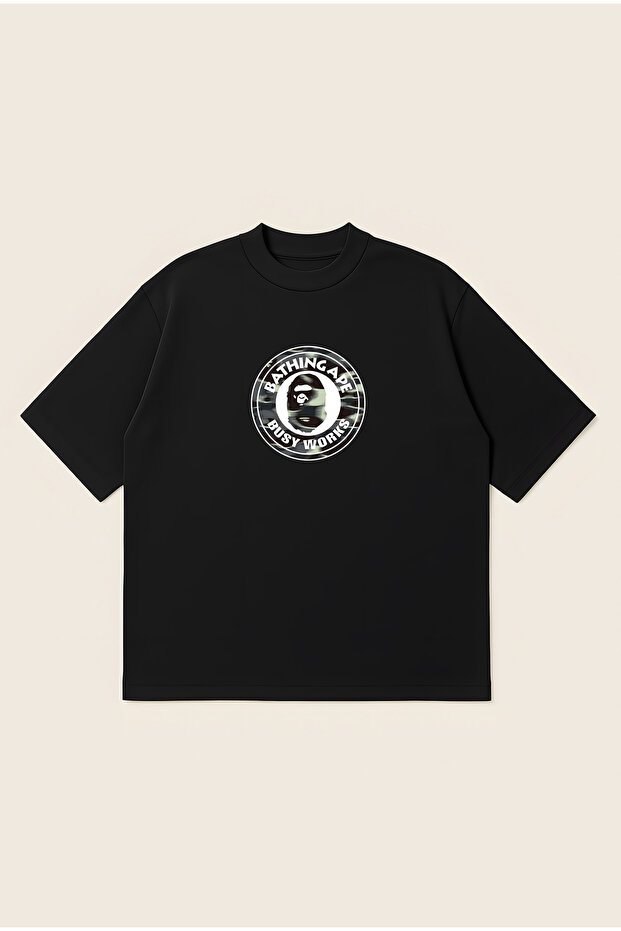 A Bathing Ape Busy Works Black Printed Oversize Boxy Cut Unisex 100% Cotton Printed Tshirt | Streetwear