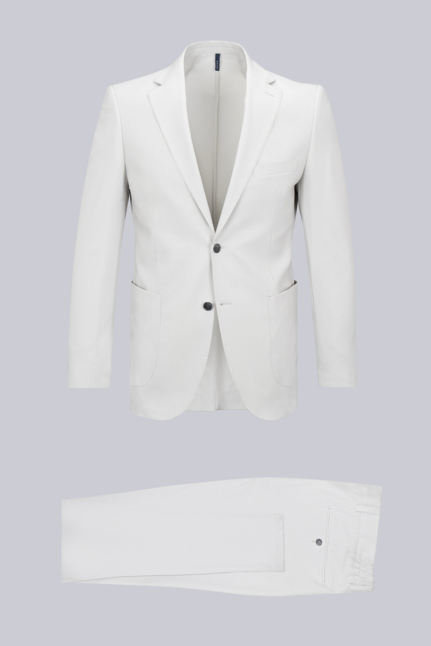 Beige Slim Fit Striped Mono Collar Suit