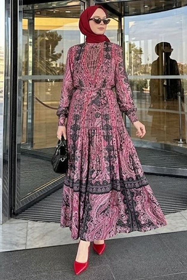 Shawl Patterned Belted Black Silk Satin Hijab Dress 95709S