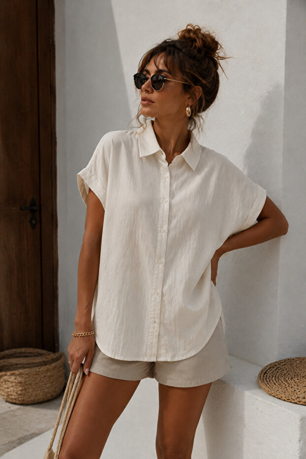 Women's Ecru Muslin Fabric Oversize Short Sleeve Shirt