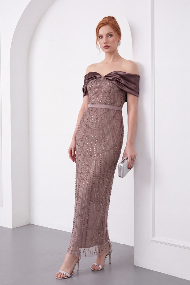 Women's Tan Slim Fit Boat Neck Midi Beaded Evening Dress