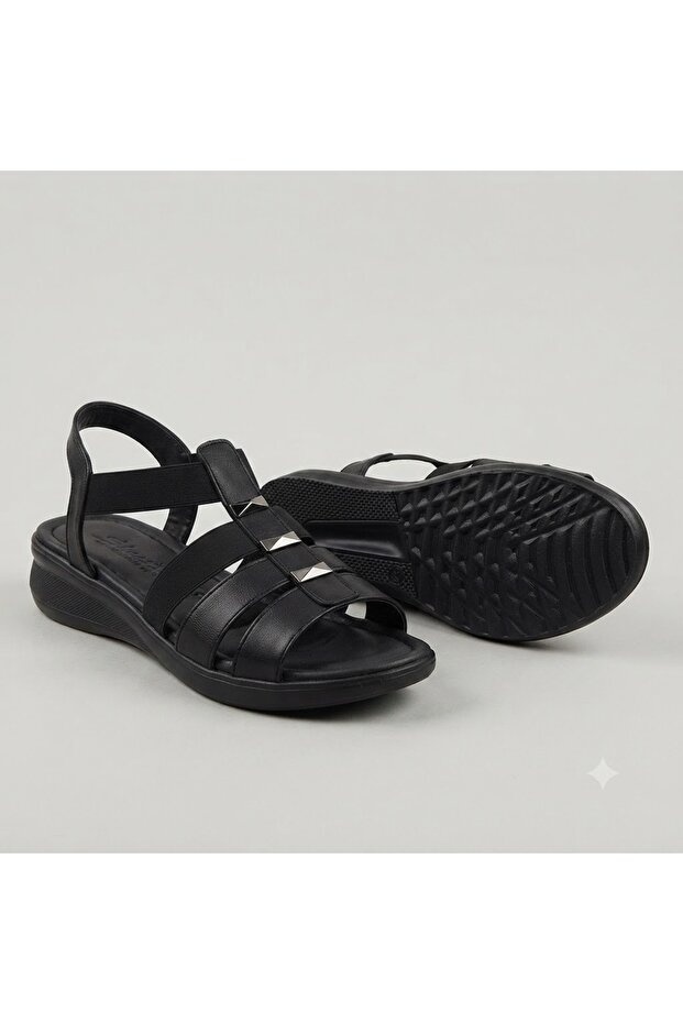 (Mavişim) Poly Lightweight Comfortable Sole Rubber Detailed Daily Women's Sandals Black