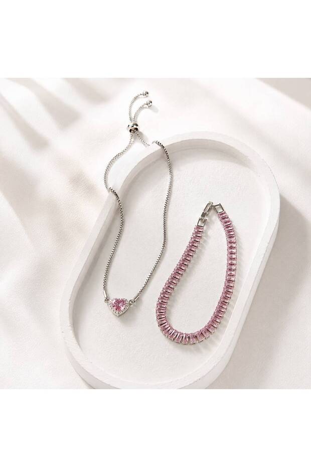 Pink Zircon Stone Waterway & Heart Figured Adjustable Women's Bracelet Set | Silver Double Bracelet | Gift Set | Valentine's Day | Birthday Gift