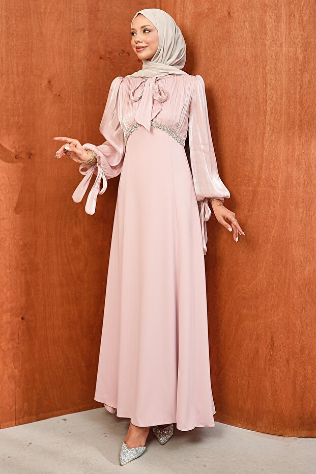 Powder Color Sleeve Collar Tie-Up Stoned Evening Dress