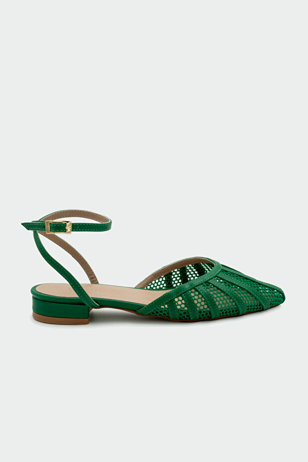 Zeno Mesh Detailed Women's Green Flat Sandals