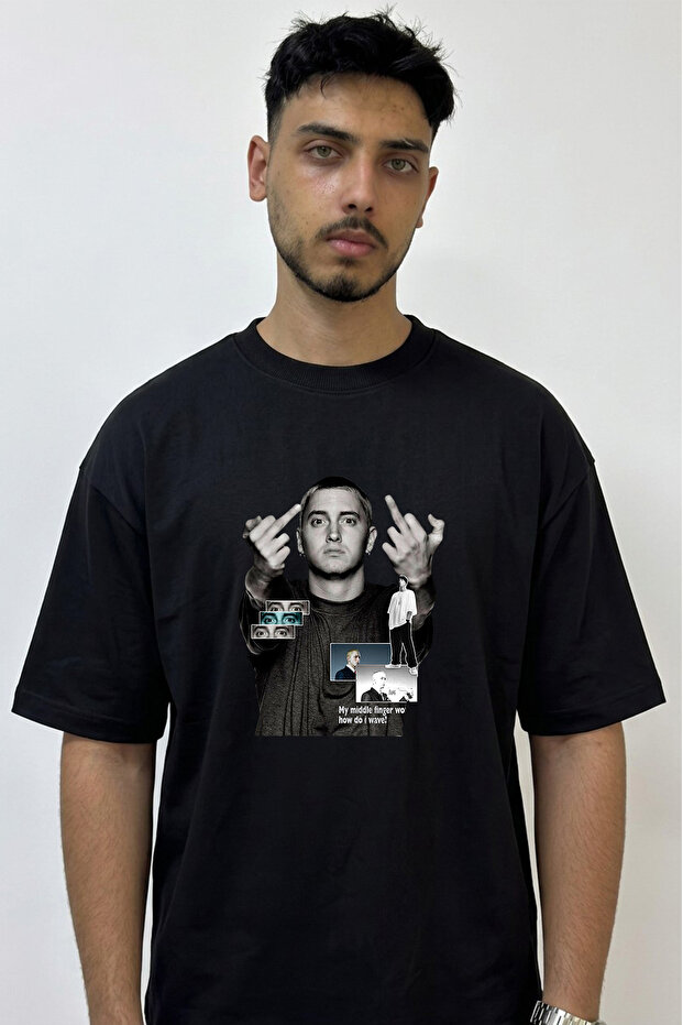Eminem Rapper_20 Design Printed Oversize Black T-Shirt