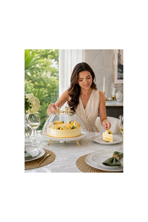 Porcelain Cake Pan with Glass Lid and Standing Cake Stand Set