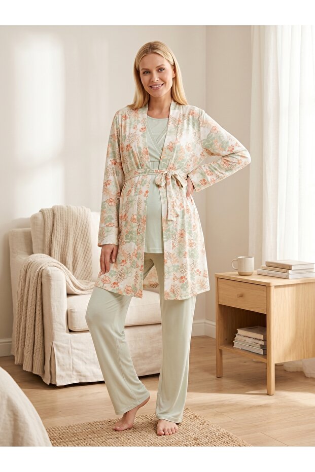 New Season Green Patterned Design with Breastfeeding Feature Short Sleeve 100% Cotton Maternity Pajama Set 3-Piece Set
