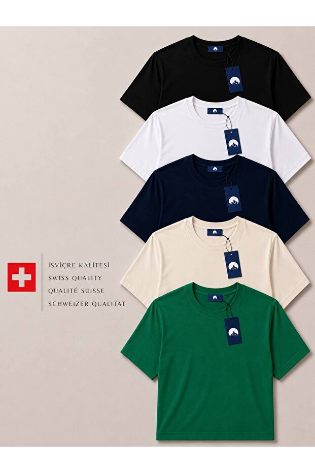 Swiss Quality 5-Piece Premium Basic T-Shirt Set Black, White, Navy Blue, Cream, Green
