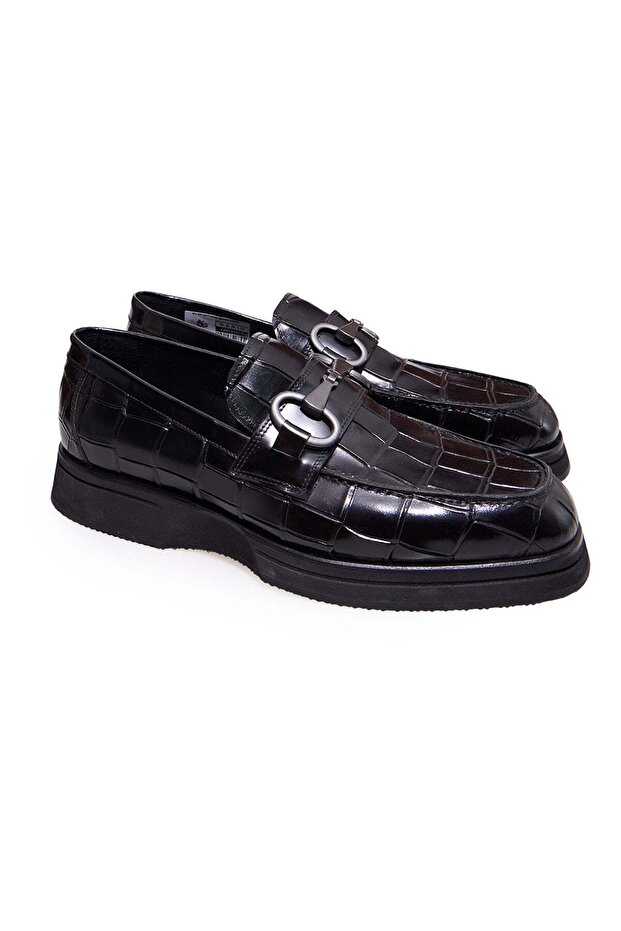 Black Color Laceless Genuine Leather Men's Shoes