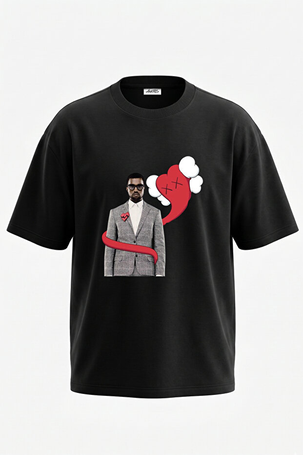Kanye West Kaws Design Printed Unisex Oversize Black Tshirt