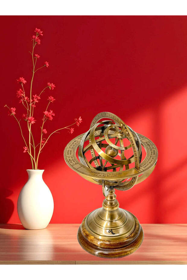 Brass Armillary Sphere Globe with Wood Base Handcrafted Decorative Globe(H:5.5"W:3.5"Weight:300gram)