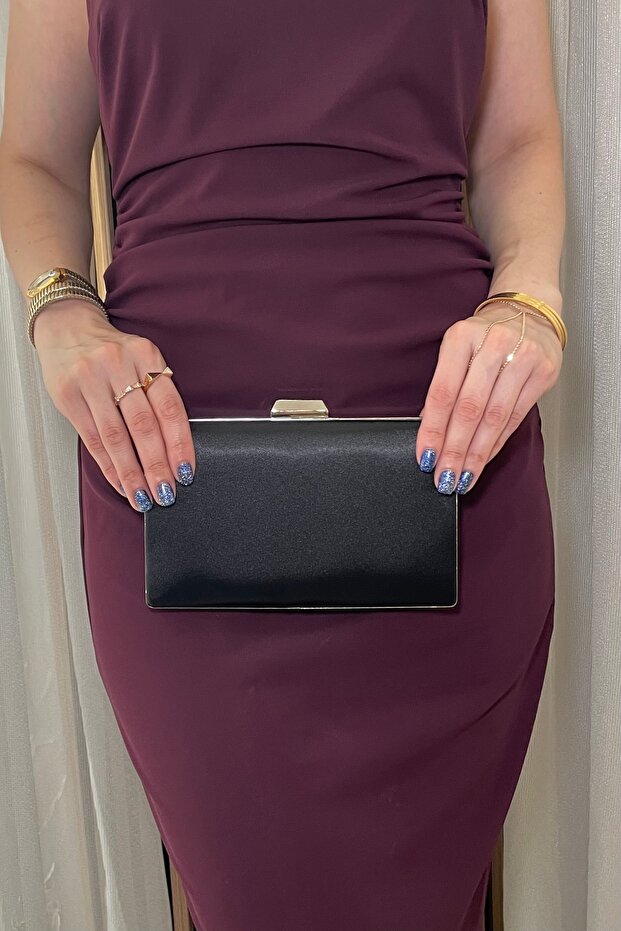 Women's Black Satin Evening Dress Bag with Silver Accessories - Chain Strap Hand and Shoulder Bag