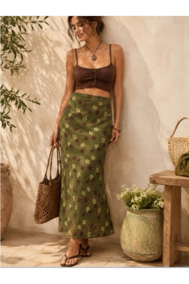 Women's Green Floral Stretchy Lined Skirt