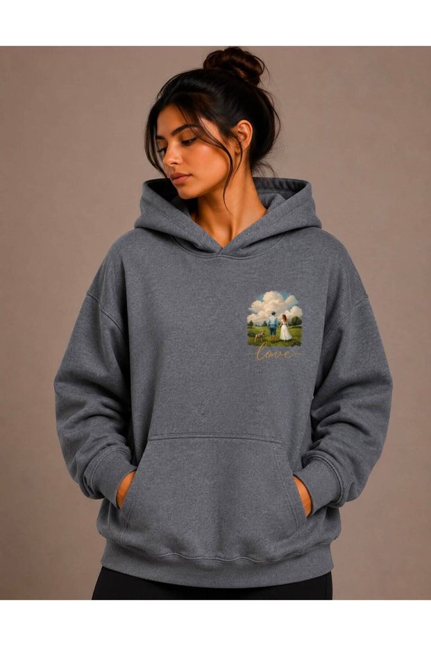 Love Printed Hooded Green Sweatshirt with Kangaroo Pocket and Wool Inside