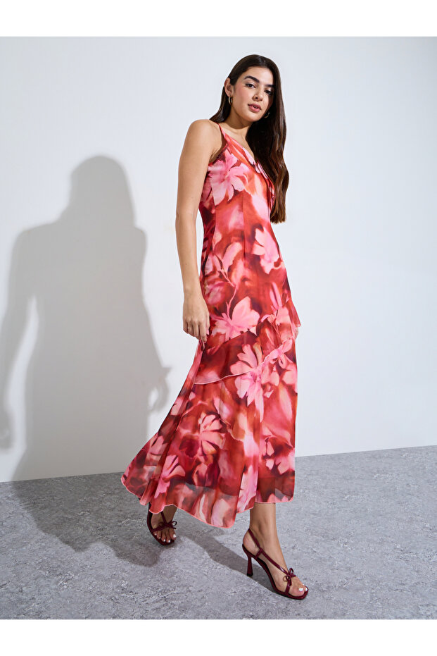 Red Floral Strappy A-Line Maxi Dress