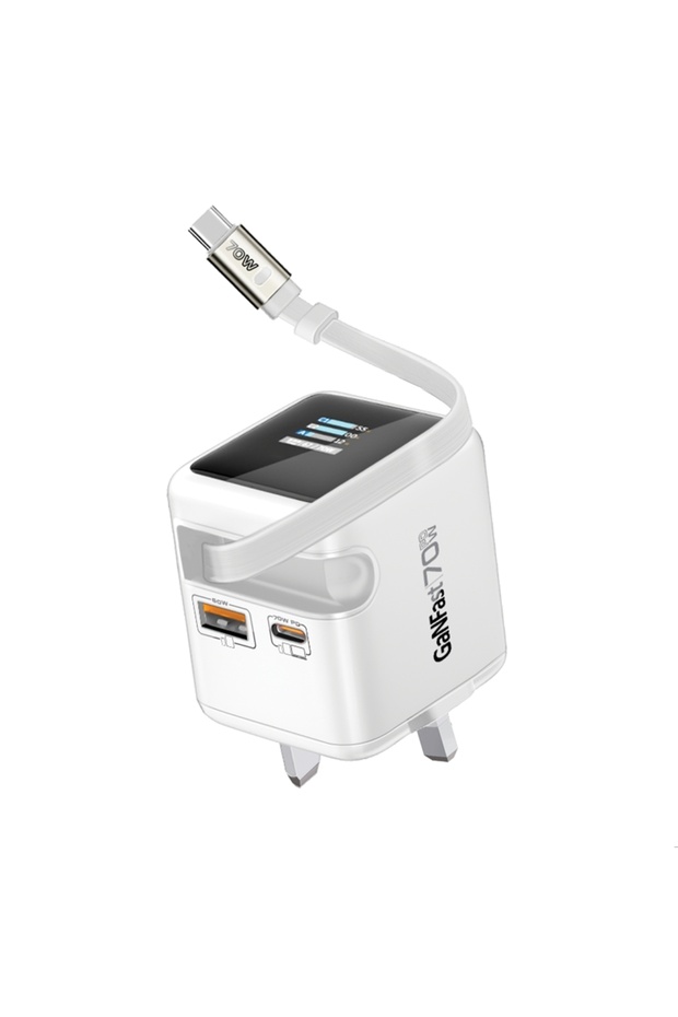 Promate Cubix-r70 70w Ganfast Charger With Retractable 80cm Usb-c Cable, Dual Usb-c Pd 70w, Usb-a 60w Port, 1.14” Tft Smart Display, Uk Plug, Compact Wall Adapter For Macbook, Iphone, Galaxy & More