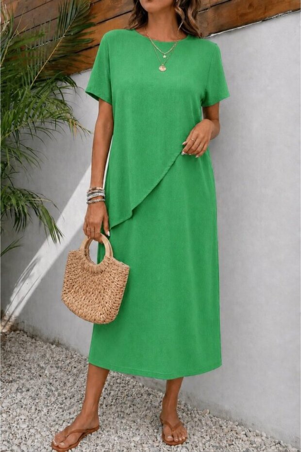 Women's short sleeve crew neck asymmetrical hem maxi dress