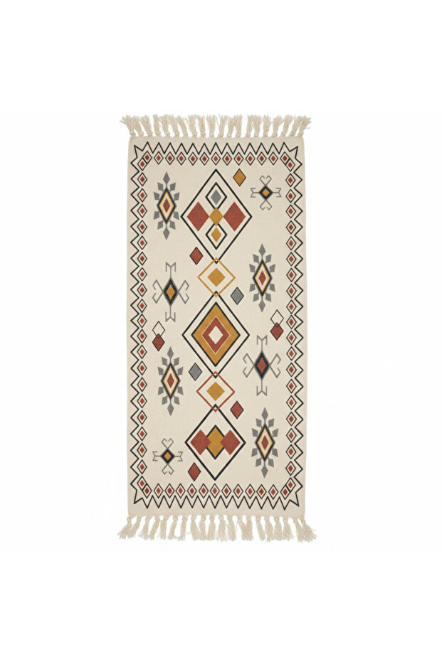 Handwoven Kilim Runner Carpet | Southwestern Geometric Pattern | 50% Cotton 50% Polyester | Fringe Tassels | 60×150 cm | Cream, Terracotta & Gold | Boho, Majlis & Modern Décor
