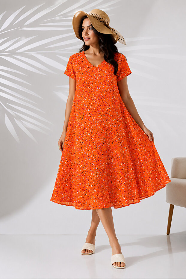 Summer Plus Size Viscose V-Neck Short Sleeve Dress 2688