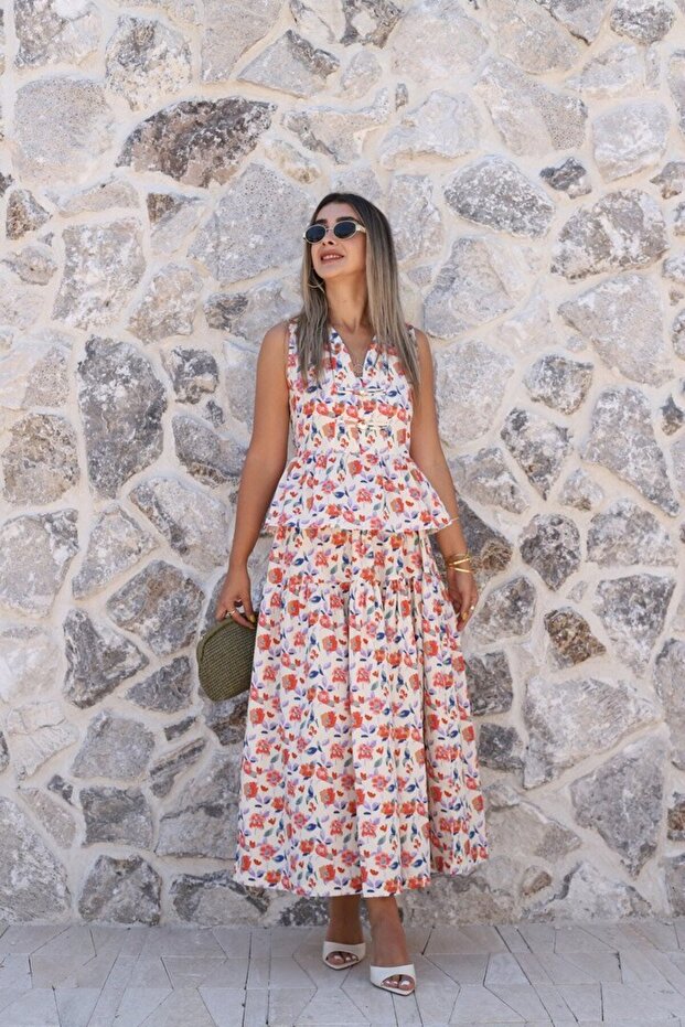 Beige Floral Patterned Skirt and Blouse Set