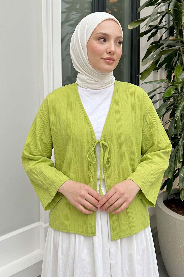 Textured Lace-Up Kimono 2361 - Neon Green