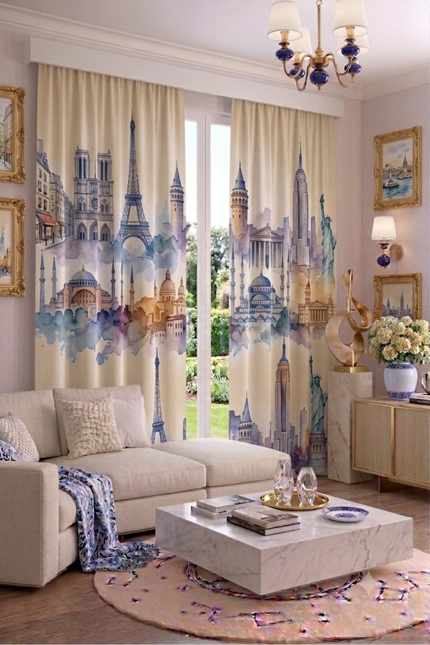 Modern Vintage Patterned Background Curtain 140X260 cm 2 Wings Decorative Digital Printed Premium Living Room Bedroom Window Curtain