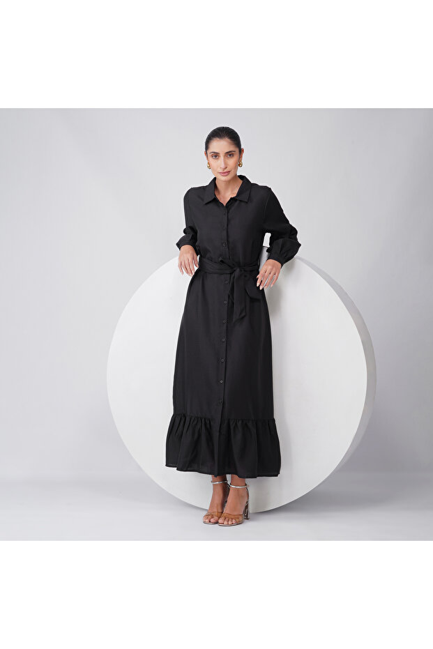 Grey Solid Band Collar Buttoned Maxi Dress