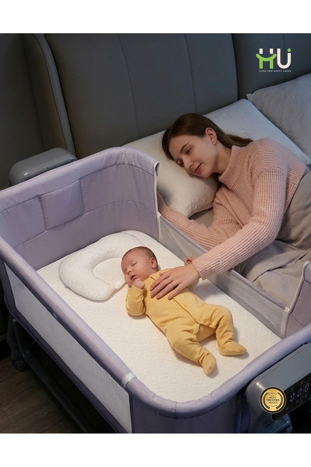 HU Electric Baby Bedside Sleeper Bassinet – Automatic Rocking Cradle with Bluetooth Music, Digital Display, Remote Control, Adjustable Height, Mosquito Net & Lockable Wheels