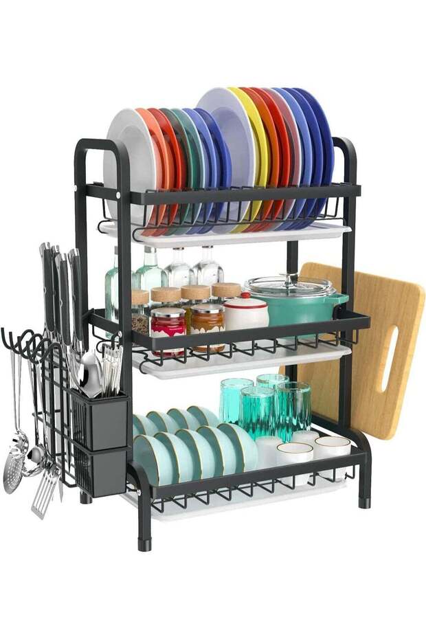 3 Tier Cutlery Drying Rack Large Stainless Steel Adjustable Drainer Set Compact for Kitchen Counter Black