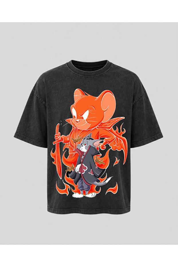 Flaming Samurai Cat Printed Oversize Unisex T-Shirt