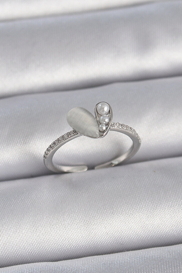 Rice silver color adjustable zircon stone pearl white enamel heart model women's ring