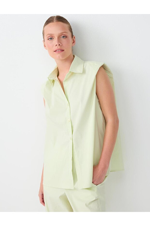 Mint Green Padded Sleeveless Cotton Blend Poplin Shirt