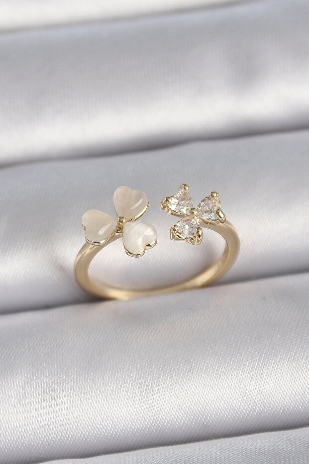 Brass Gold Color Adjustable Zircon Stone Heart White Enamel Model Women's Ring