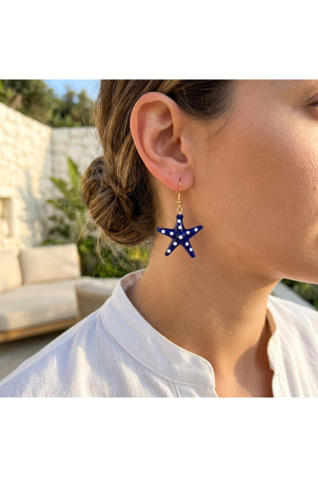 Sea Star Figured Glass Embroidered Earrings Navy Blue-White