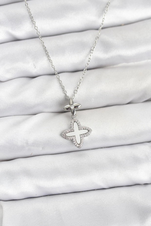 316L Steel Chain Silver Color 4-Leaf Clover Model Zircon Stone Women's Necklace