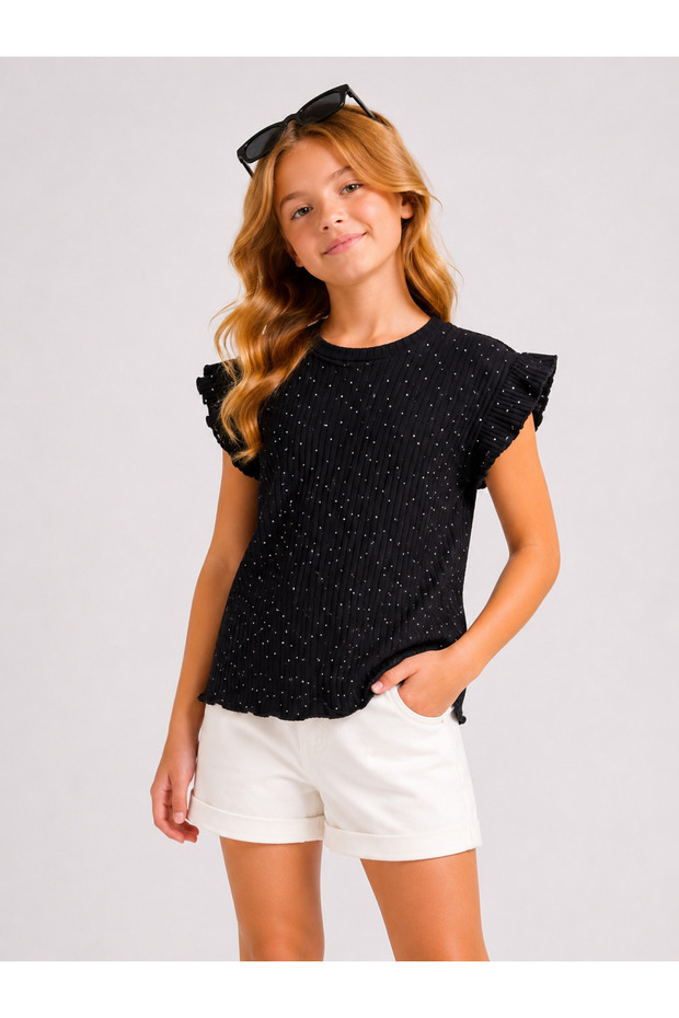 Girl's 4-12 Years Old Stone Detailed Shoulder Flounce Laced Ribbed Fabric Girl's Summer Blouse