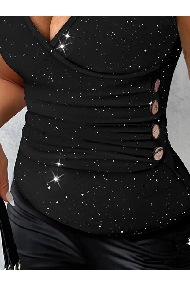 Women's Strappy Double-Breasted Collared Stoned Sandy Blouse