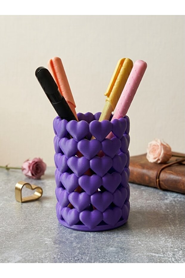 Heart Patterned Desk Pen Holder - Multi-Purpose Organizer