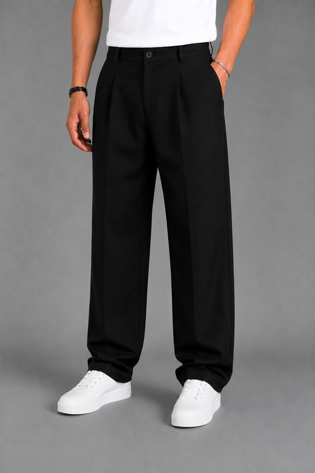 Men's Black Modern Cut Pleated Wide Leg Fabric Trousers