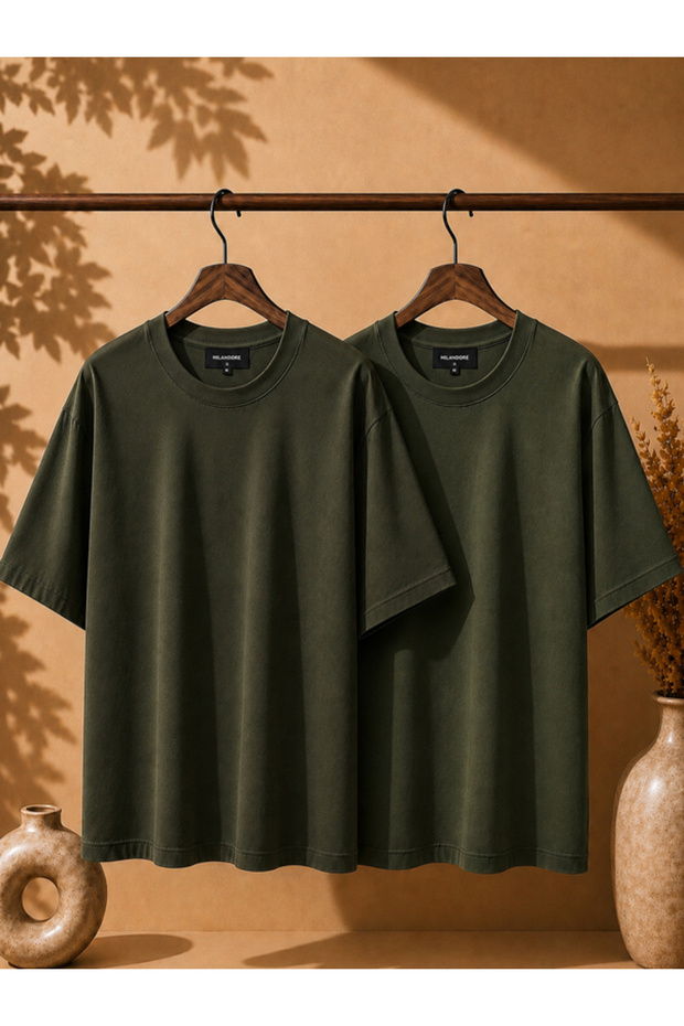 2-Pack Unisex Khaki Oversize T-Shirt Set - Crew Neck Basic T-Shirt
