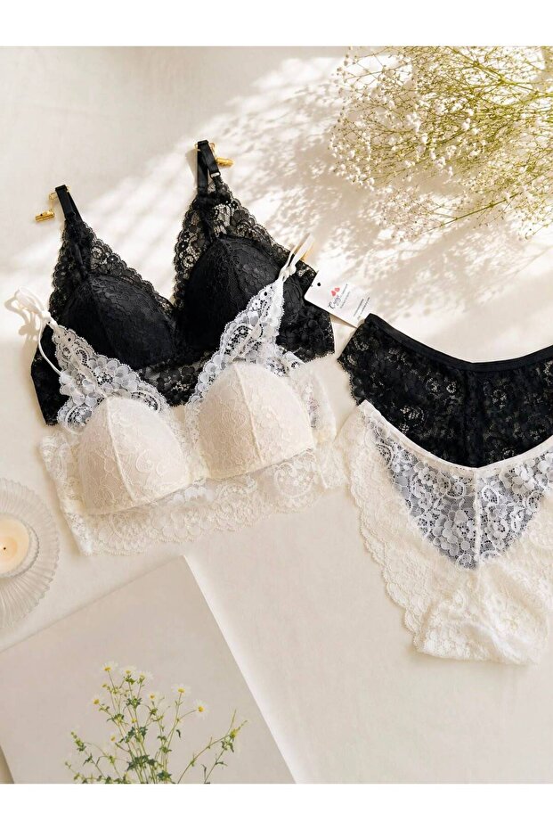Pure Lace Soft Lace Bralet Set | Unwired Unpadded Set Black-White