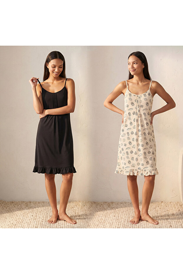 Set of 2 - Intimates Knee Length Night Dress with Straps Assorted Design Cotton